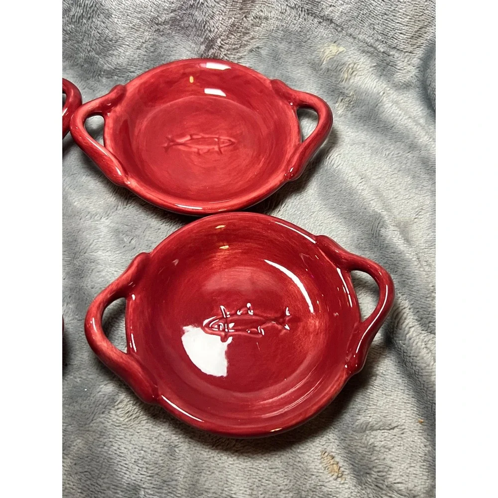 Pottery Barn Red Paella Dishes Set of 4 Fish Embossed Handled Bowls 5in Bakeware